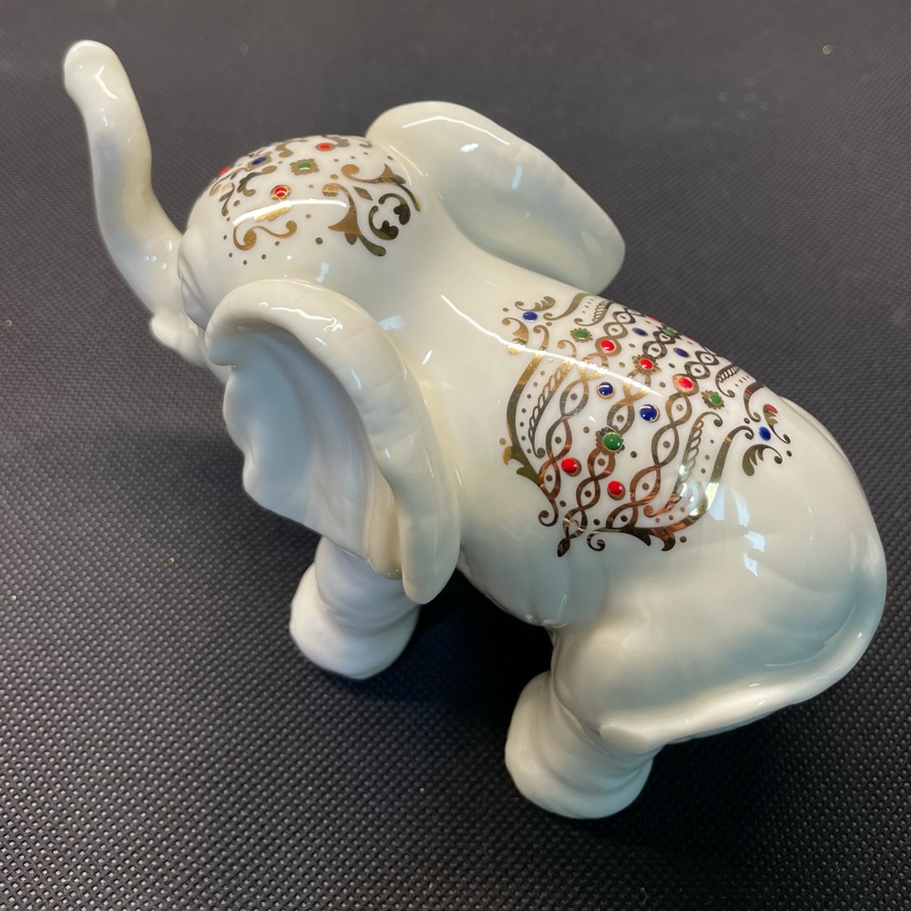 Vintage Ceramic white Elephant Figurine with Gold Gilt Design Head & Back